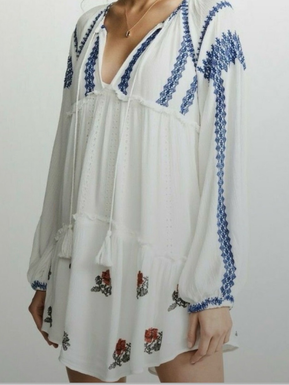 Free People Wild Horses White Mini Dress with Navy Embroidery - Picture 3 of 10
